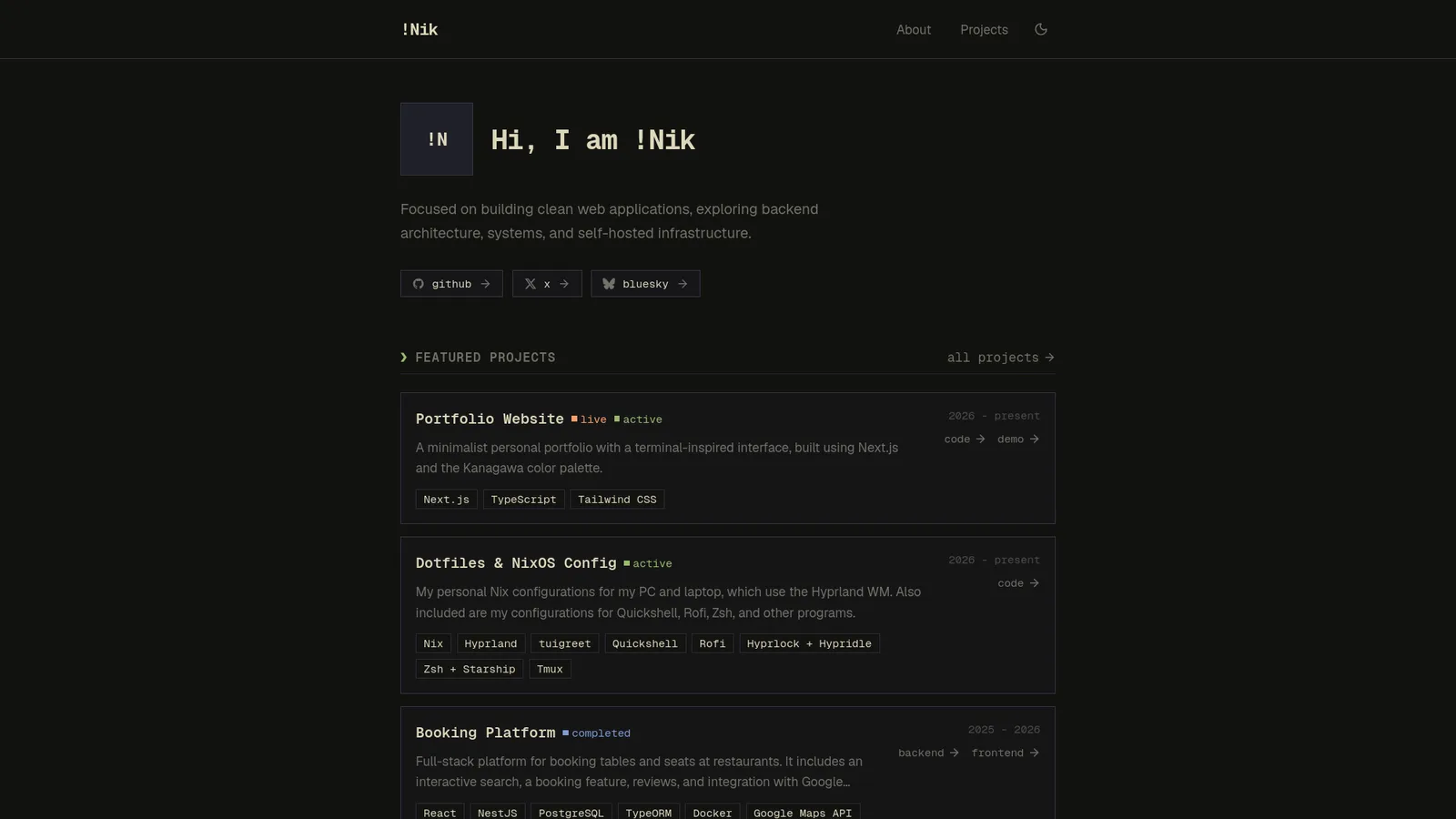 Home page with the introduction and featured projects