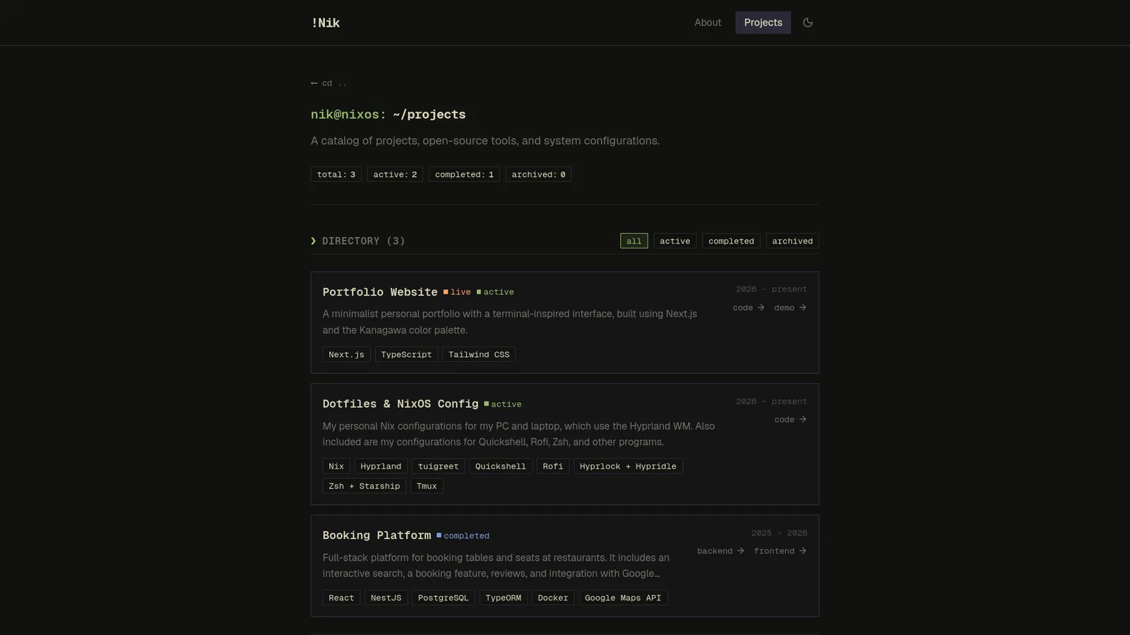 Projects page with the status filter